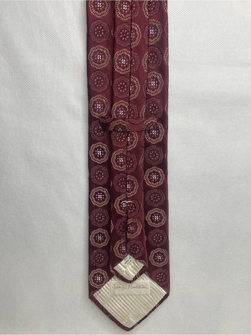 John W Nordstrom Designer Silk Necktie Burgundy Embroidered Medallions Tie USA